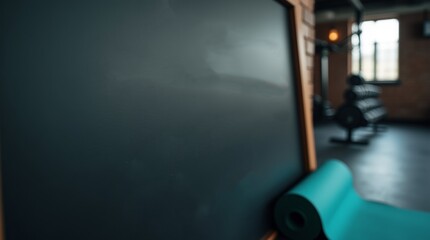 close-up of a motivational quote written on a chalkboard in a gym, surrounded by workout equipment like dumbbells and a yoga mat