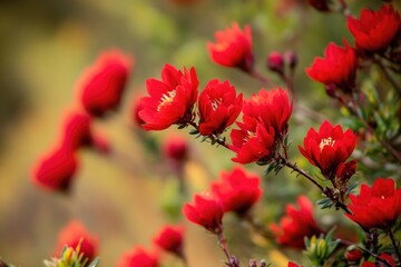 Colorful bouquet of red flowers hanging from tree branches, natural beauty