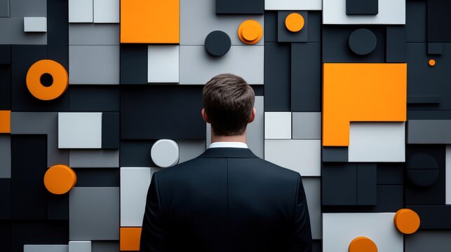 A man in a formal suit stands before a modern, abstract wall composed of various geometric shapes in black, white, gray, and orange, This image can be utilized for business, creativity