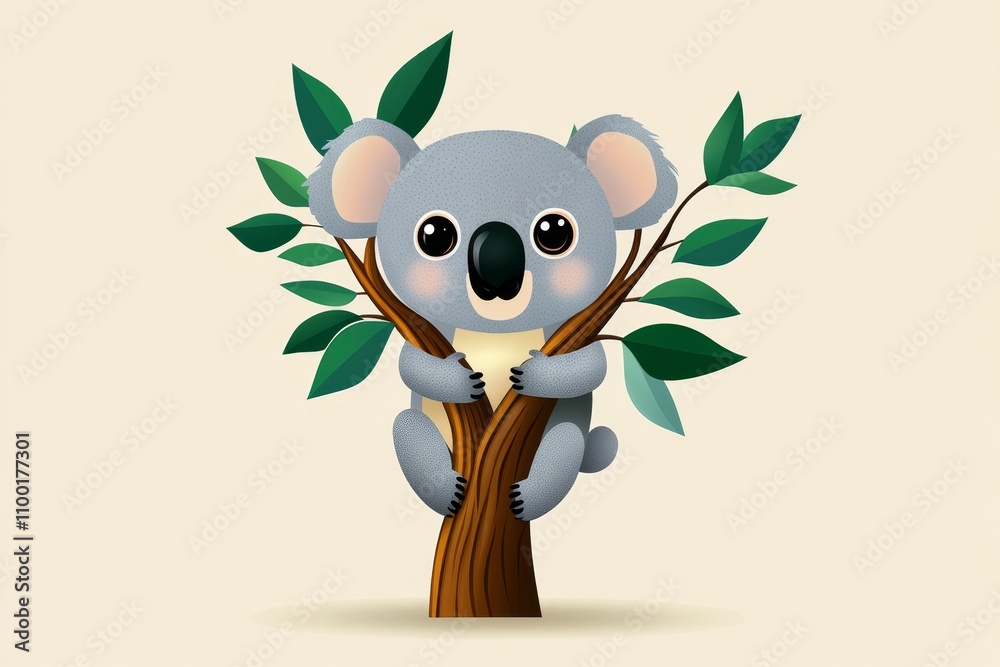 Fototapete a minimalist design of a eucalyptus tree with a koala hugging its trunk, set against a light pastel 