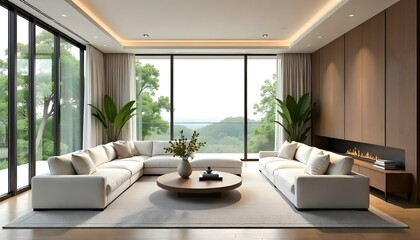 Fototapeta premium Modern Living Room with Breathtaking Views: A serene and stylish living space with a panoramic vista. The room is bathed in natural light and features a contemporary sectional sofa.