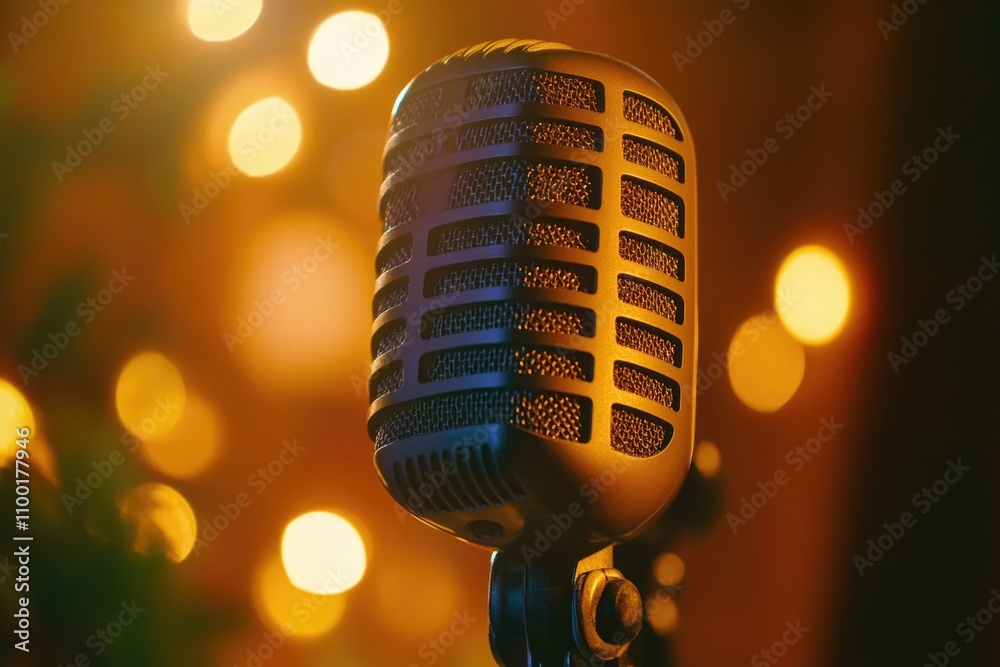 Poster A close-up shot of a microphone with lights in the background, ideal for use in music or sound-related concepts