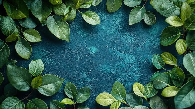 Lush green leaves framing a textured teal background ��� nature and botanical composition
