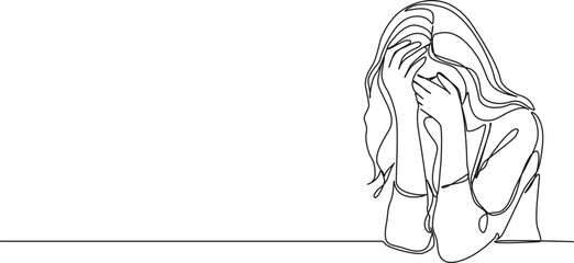 continuous single line drawing of sad woman covering her face with her hands, line art vector illustration