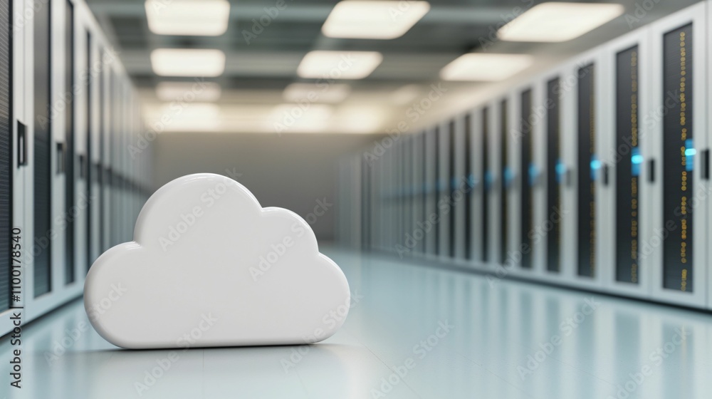 Poster cloud computing optimize. a modern data center scene featuring a white cloud icon symbolizing cloud 
