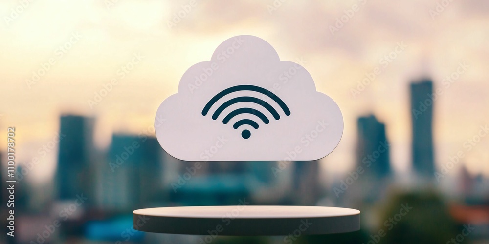 Poster cloud computing optimize. a cloud symbol with a wi-fi signal floats above a city skyline, representi