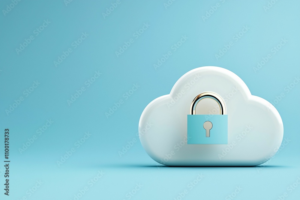 Poster cloud computing optimize. a cloud with a padlock symbolizes security and privacy in digital storage.