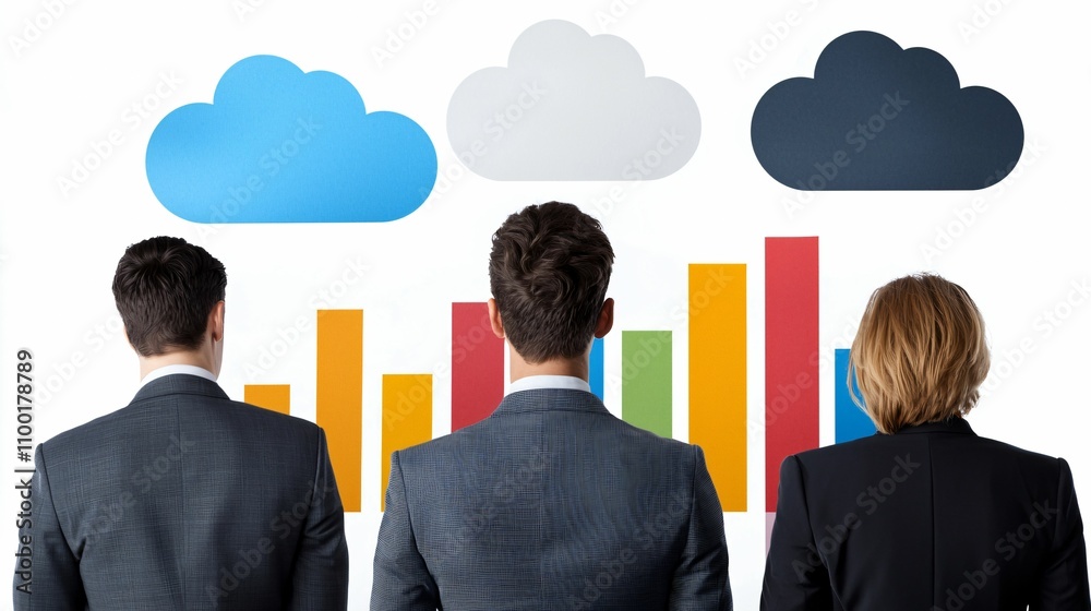 Poster cloud computing optimize. three professionals observe colorful bar graphs and cloud icons, symbolizi