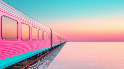 Fototapeta premium Vibrant train journey at sunset with colorful skies reflecting on serene waters, creating a mesmerizing travel experience.