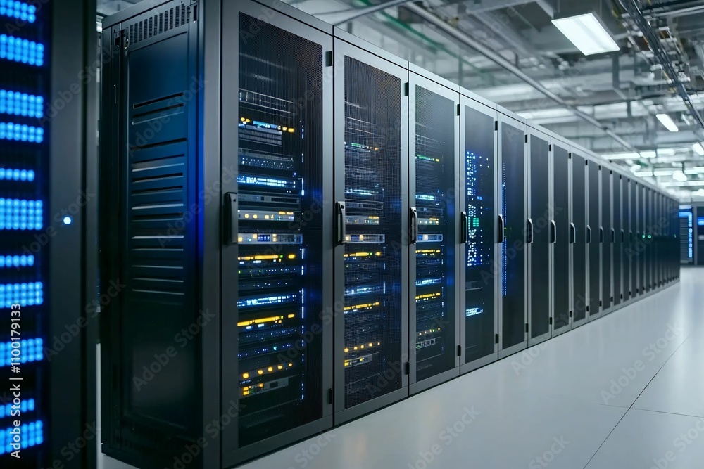 Poster cloud computing optimize. a high-tech server room featuring rows of black server racks with illumina