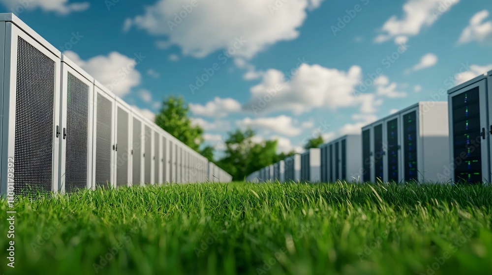 Poster cloud computing optimize. a serene view of data center units aligned on green grass under a blue sky