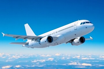 Obraz premium A modern passenger airplane taking off into a clear blue sky, with sunlight glinting off its wings