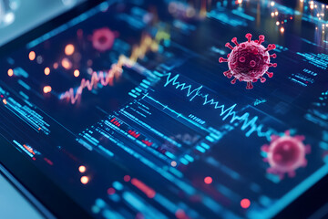 Digital health analytics featuring a coronavirus model, data visualization, graphs, and technology insights showcasing real-time health monitoring and pandemic data tracking