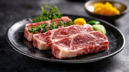 Fototapeta premium Marbled Wagyu Beef Steaks on Black Plate with Herbs and Sides