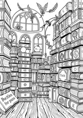 Magical Library with many bookshelves and whimsical vibes - Interactive Coloring Page for Kids 