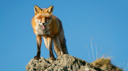 Fototapeta premium angry fox standing on a rock, blue sky background