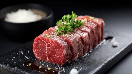 Fototapeta premium Premium Marbled Cut of Wagyu Beef on Slate Board with Garnish