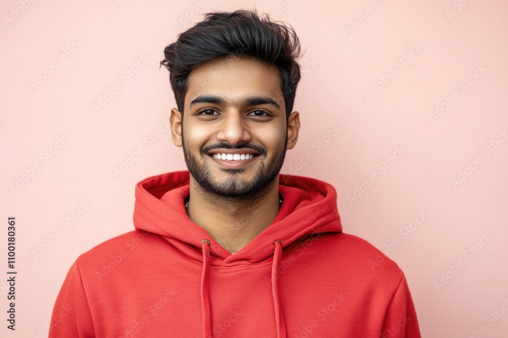 Poster a smiling person wearing a red hoodie, suitable for various occasions and themes
