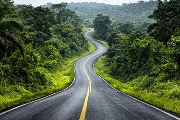 A serene landscape of an empty road surrounded by lush green forest