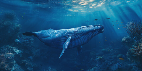 Fototapeta premium blue whale swims underwater in the ocean Generative AI