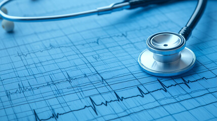 Close-up of a stethoscope on an electrocardiogram chart, symbolizing healthcare and medical diagnostics.