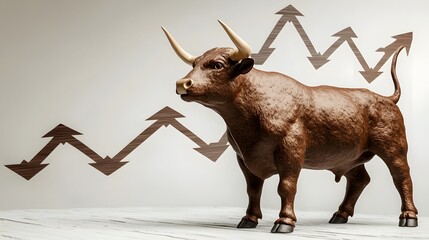 Fototapeta premium A bull standing tall, integrated with an image of upward-pointing arrows, indicating market growth.Double Exposure.[Stock Market New High]:[Bull] 