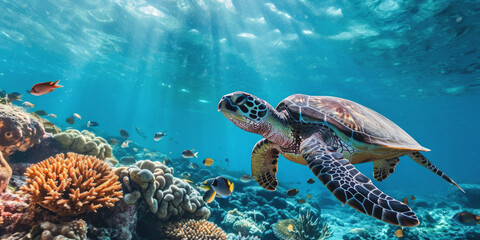 Obraz premium a large turtle swims underwater in the ocean Generative AI