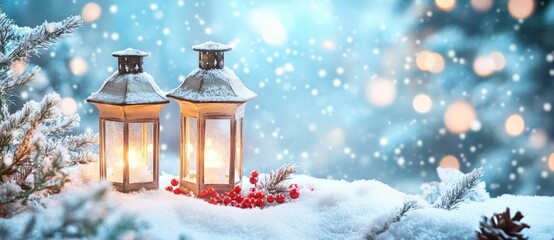 winter lanterns, snow, Christmas lights, holiday decor, festive atmosphere, beautiful winter scene, warm glow, serene landscape, nature background, sparkling snowflakes