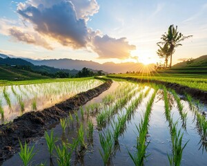 Serene Sunset Over Lush Rice Fields in Tranquil Landscape