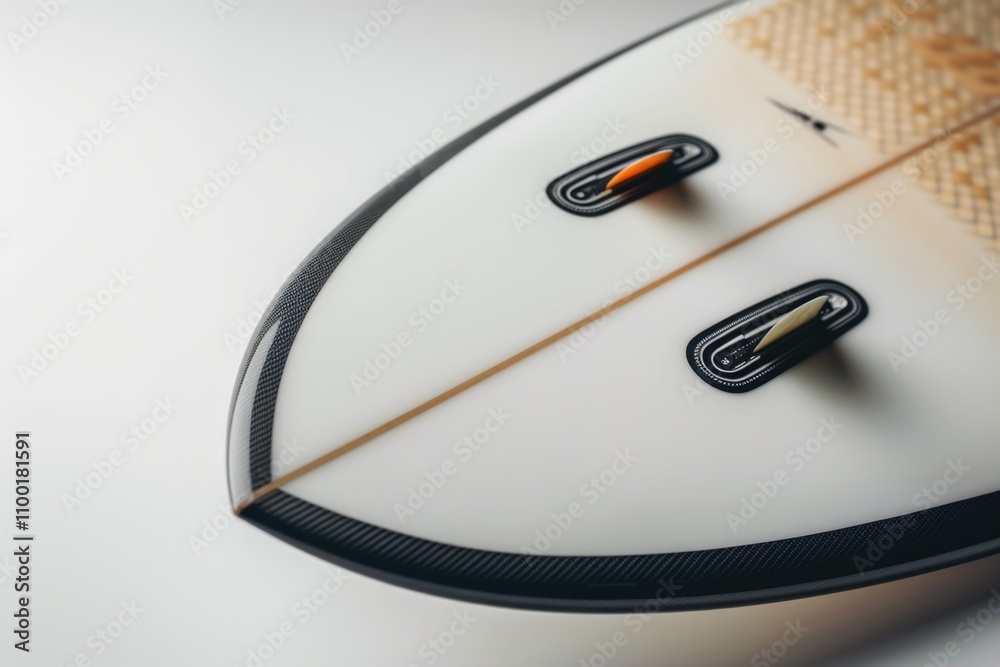 Poster close-up photo of a surfboard on a table, great for use in sports-related context or as decorative e