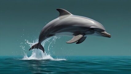 Fototapeta premium A sleek dolphin leaping out of water on a light teal background