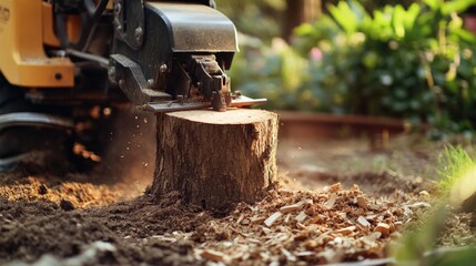 A person using a chainsaw to cut a tree stump, great for forestry or landscape use