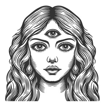 recommend clip art: woman with a third eye, symbolizing intuition and mysticism in vintage style sketch engraving generative ai fictional character raster illustration. Scratch board imitation. Black and white image.