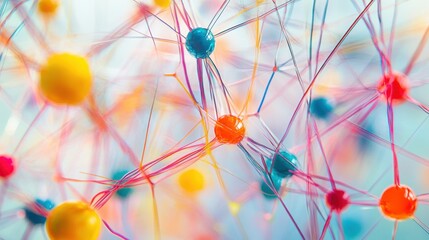 An intricate abstract network of colorful nodes and connecting lines forming a vibrant web, Reflecting the complex connections and inclusivity within a community, photography style