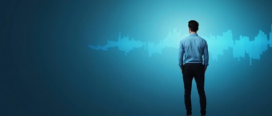 Financial investments and market fundamentals. A person stands against a blue background, observing sound waves, symbolizing innovation and the power of audio technology.