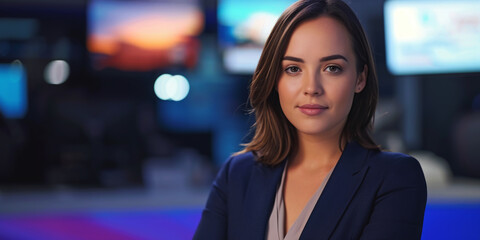 Obraz premium woman news anchor in studio Generative AI