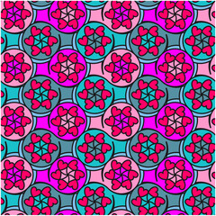 Seamless red hearts rotating in colorful circles, seamless fabric pattern, vector illustration, hand drawn artwork