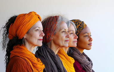 Exploring Diversity and Strength: A Captivating Portrait of Four Women Celebrating Heritage and Generational Wisdom Through Expression and Connection in Vibrant Colors. Feminism and Women's Rights