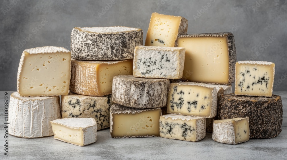 Poster A pile of cheese stacked high, perfect for display or use in photography