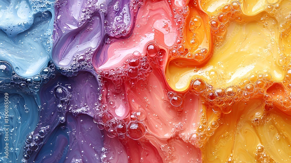 Poster Vibrant, Multicolored Abstract Liquid Swirls with Bubbles Creating a Whimsical and Dynamic Texture Perfect for Art and Design Projects