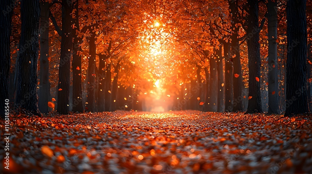 Poster serene autumn landscape with vibrant orange leaves illuminated by soft light, capturing the essence 