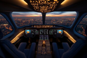 Fototapeta premium A pilot sitting in the cockpit of a commercial airliner, surrounded by complex controls and glowing instruments