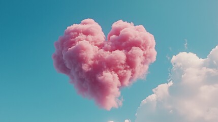 Fototapeta premium A heart-shaped pink cloud in the sky against a blue background.