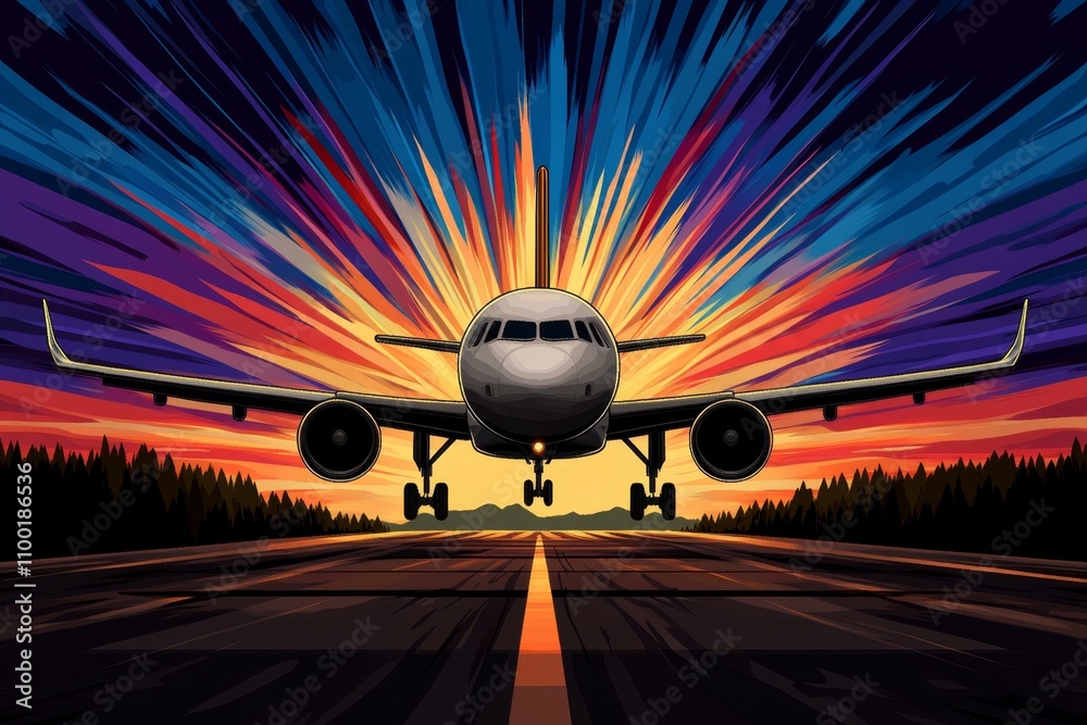 Poster a pixel art depiction of an airplane flying through a vibrant pixelated sky, leaving a trail of colo