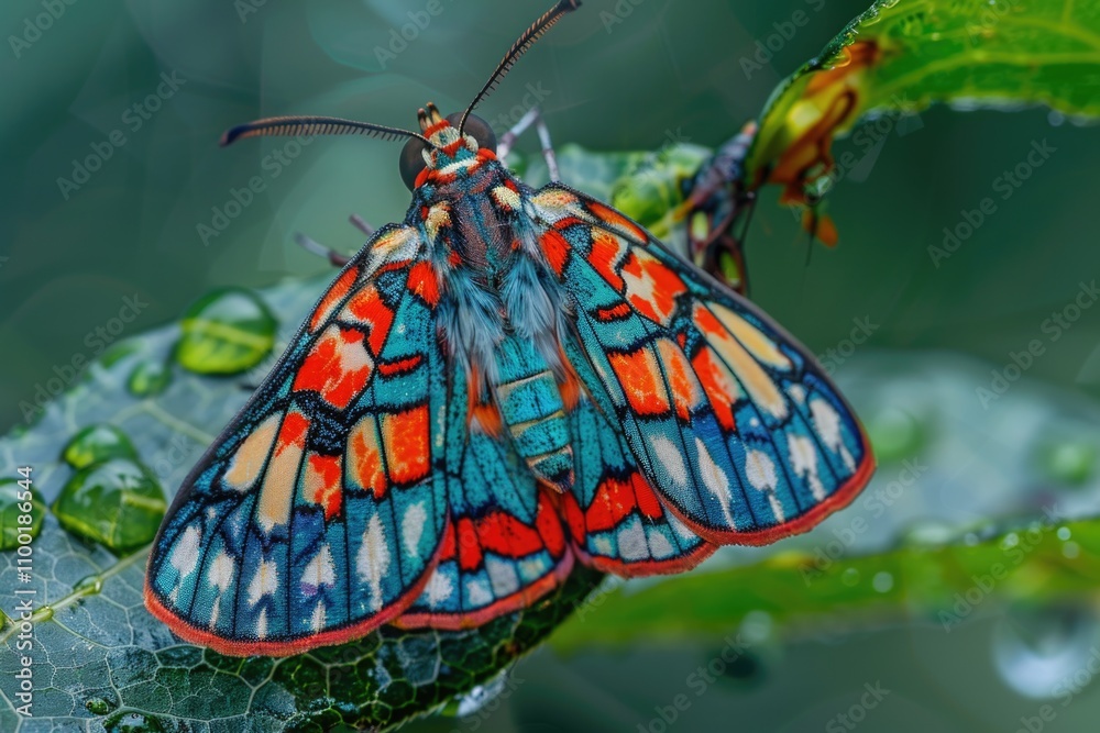 Poster a close-up view of a butterfly perched on a leaf, with its delicate wings and body visible