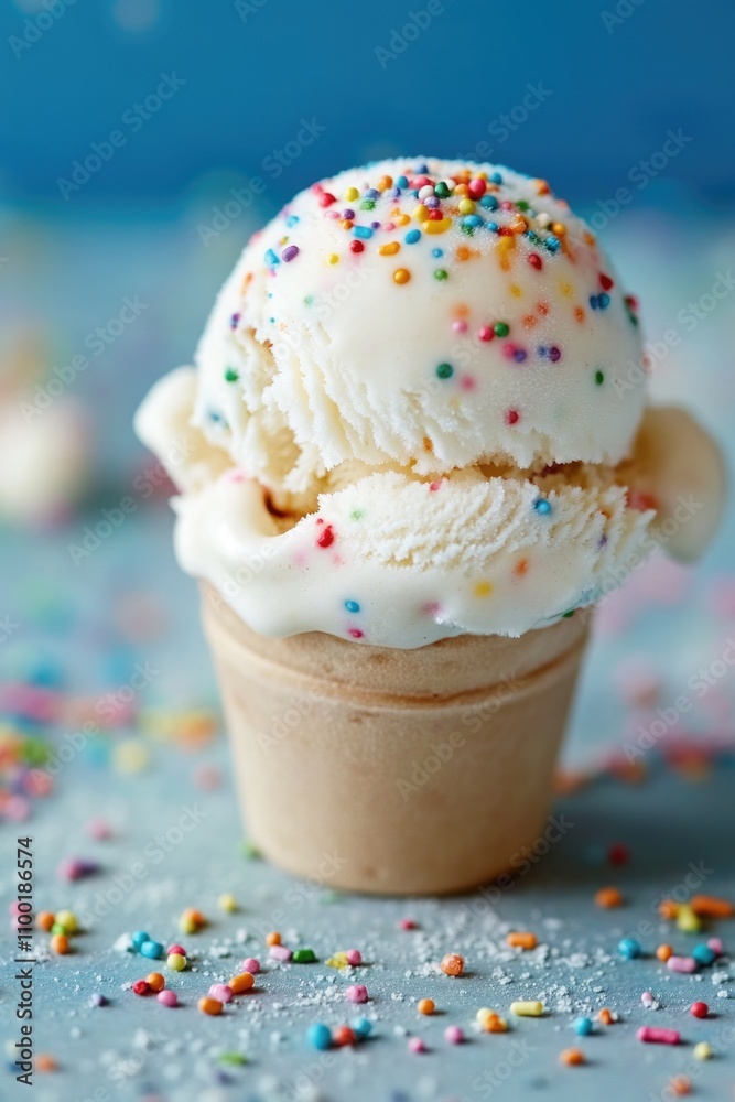 Poster a colorful scoop of ice cream with sprinkles on a table, ready to be enjoyed