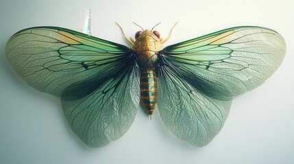 Detailed close-up of a vibrant green cicada with transparent wings on light background