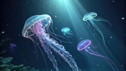 Ethereal jellyfish gliding in a serene underwater scene