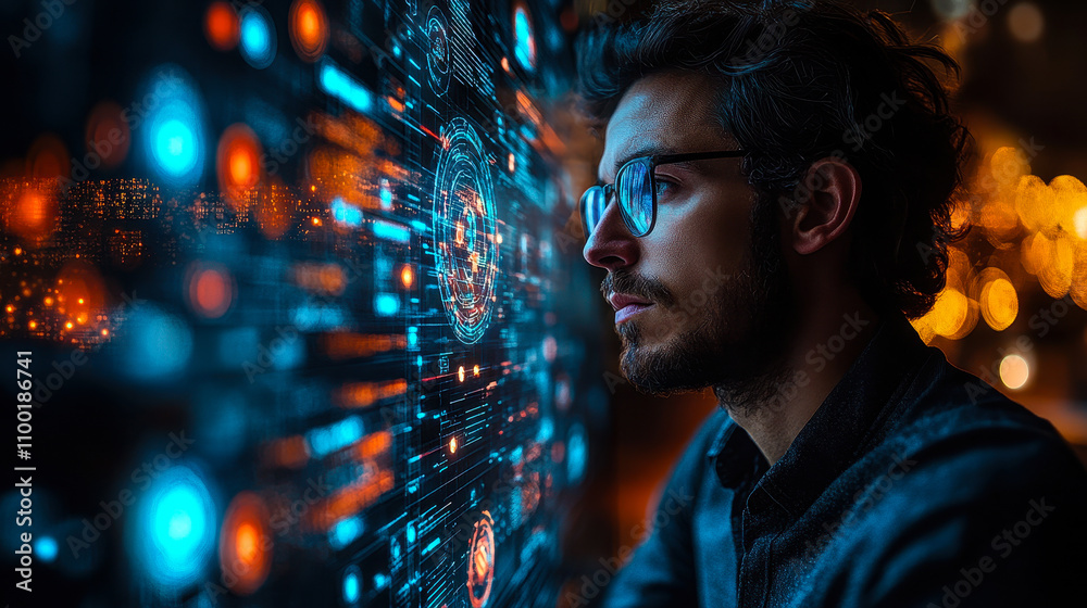 Poster focused professional analyzing digital interface for digital transformation in technology concept wi