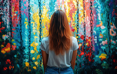 A Vibrant Reflection: Exploring the Intersection of Art and Emotion Through a Woman’s Contemplation Against a Colorful Mural. Feminism and Women's Rights Movements